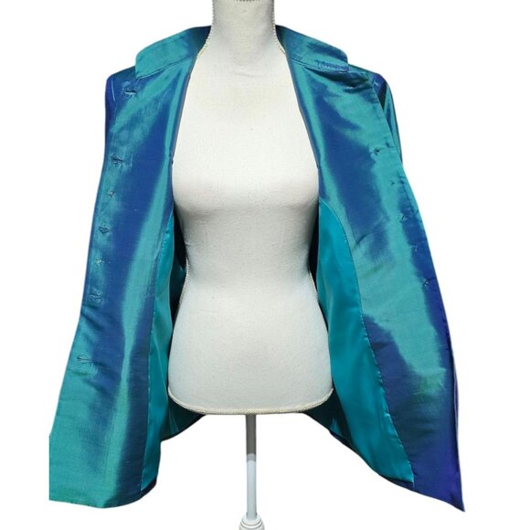 Vtg Cedro 2 Piece Womens Suit Sz S/M Iridescent Teal Blue 100% Silk Pantsuit Set - Picture 7 of 16